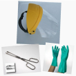 Equipement dorigine pour la macrogravure : visière, pince à graver, tablier, gant de protection chimique taille 9
