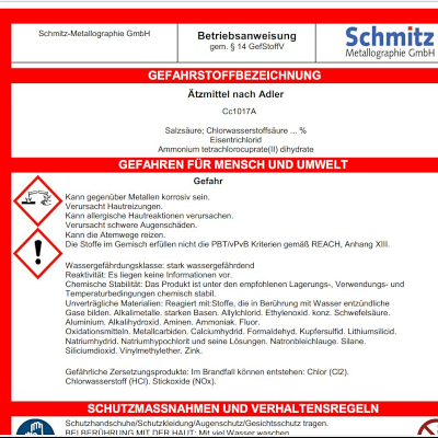 Betriebsanweisung für Austenitkorngrenzenätzmittel PAG QT² gem. §14 GefStoffV